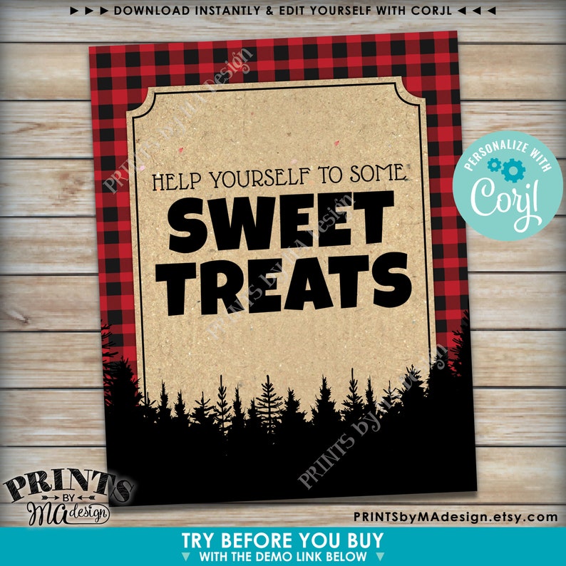 Puede incluir: Se&ntilde;al imprimible con un borde de cuadros rojos y negros. La se&ntilde;al dice "Help yourself to some sweet treats" con una silueta de un bosque en la parte inferior. La se&ntilde;al es para una fiesta o evento y se puede personalizar con Corjl.