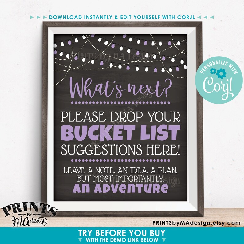 May include: A printable sign with a chalkboard background and purple and white fairy lights. The text reads "What's next? Please drop your bucket list suggestions here! Leave a note, an idea, a plan, but most importantly, an adventure."
