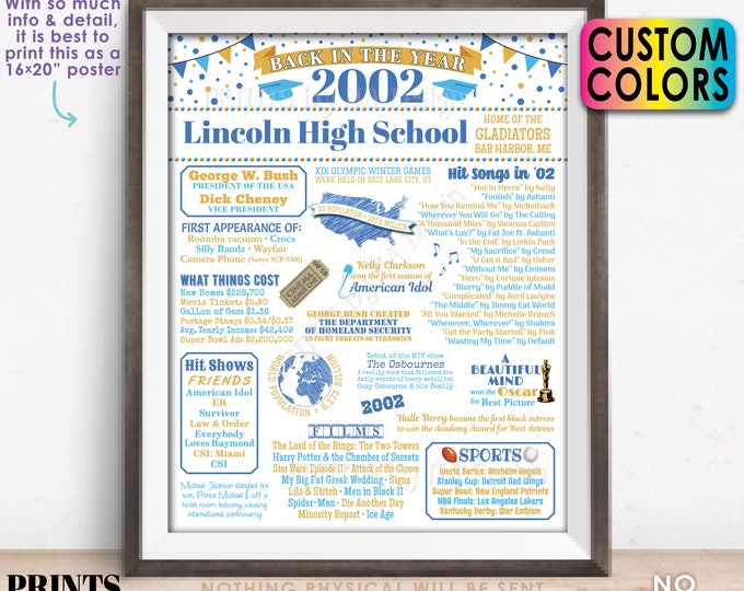 Back in the Year 2002 Poster Board, Class of 2002 Reunion Decoration, Custom PRINTABLE 16x20” Flashback to 2002 Graduating Class Sign