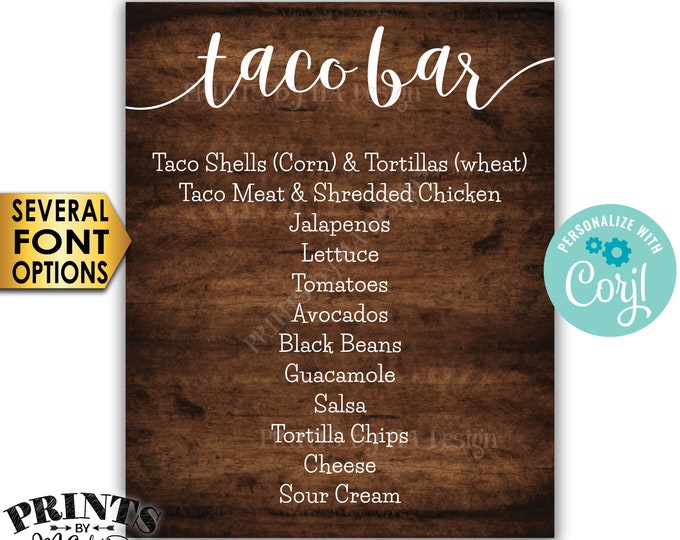 Taco Bar Menu Sign, Fiesta Party Menu, Custom PRINTABLE 8x10/16x20” Rustic Wood Style Sign <Edit Yourself with Corjl>