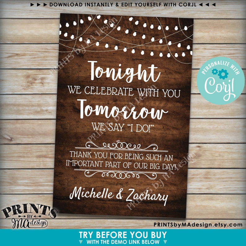 Tonight We Celebrate With You Tomorrow We Say I Do Rehearsal Dinner Schild, DRUCKBARE 24x36 Zoll Rustikales Holzstil Schild Bearbeiten Sie sich mit Corjl Bild 3