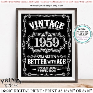 Placa de aniversário de 1959, pôster de aniversário vintage, tema de uísque em preto e branco IMPRIMÍVEL 8x10/16x20” Placa de 1959 <ID>