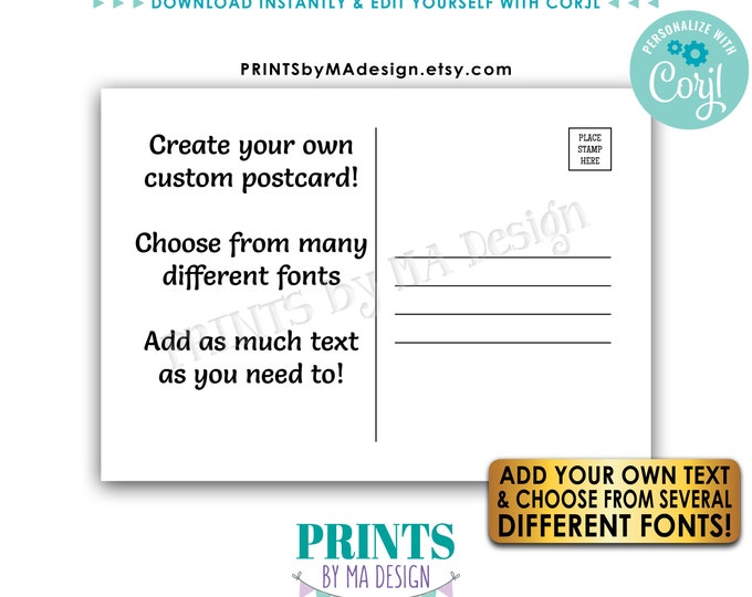 Editable Postcard Back Side of Postcard Backside, Add Your Own Text, Custom Digital Printable File, 5x7" or 4.25x6" <Edit Yourself w/Corjl>