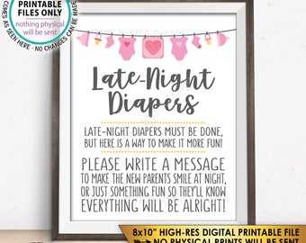 Late Night Diaper Sign, Late-Night Diapers Sign the Diaper Thoughts, It's a Girl, Pink PRINTABLE 8x10” Baby Shower Game Sign <ID>