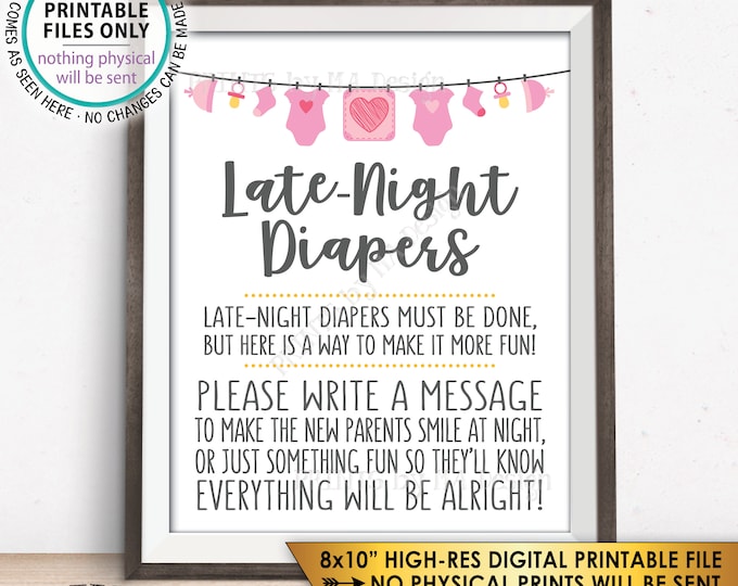 Late Night Diaper Sign, Late-Night Diapers Sign the Diaper Thoughts, It's a Girl, Pink PRINTABLE 8x10” Baby Shower Game Sign <ID>