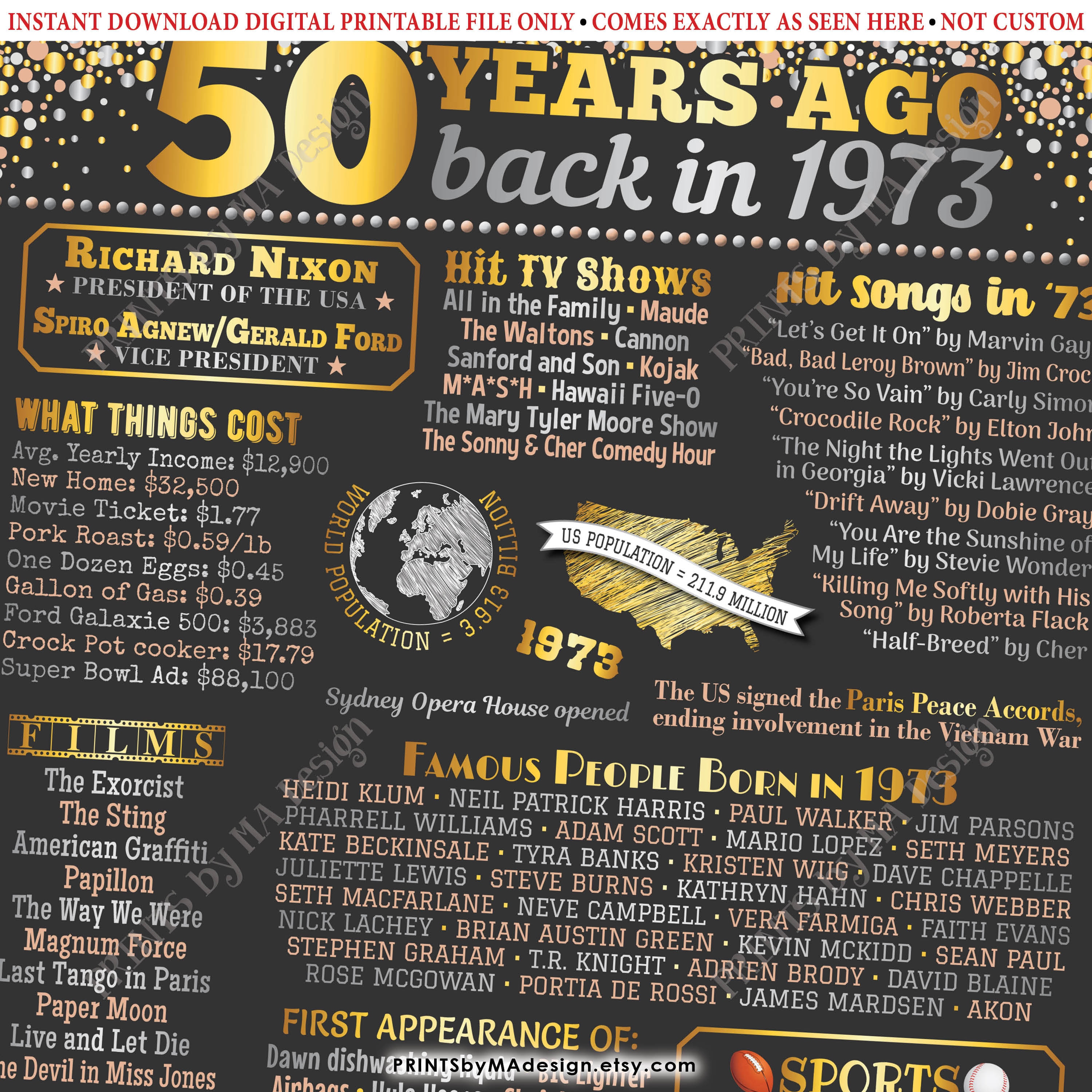 50th Birthday Poster Board, Born in the Year 1973 Flashback 50 Years ...