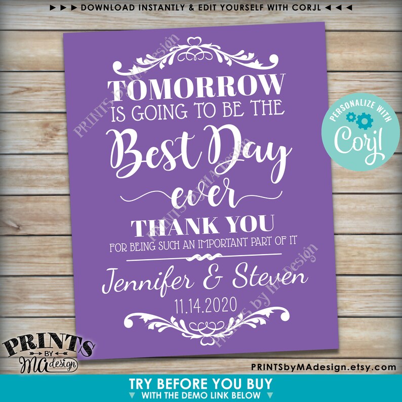 Editable Rehearsal Dinner Sign, Tomorrow is Going to Be the Best Day Ever, Color Background, PRINTABLE 16x20” Sign <Edit Yourself w/Corjl> image 3