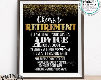 Retirement Party Sign, Leave Your Wish Advice or Memory, Retiree, Cheers to Retirement Celebration, PRINTABLE Black & Gold 8x10" Sign <ID>