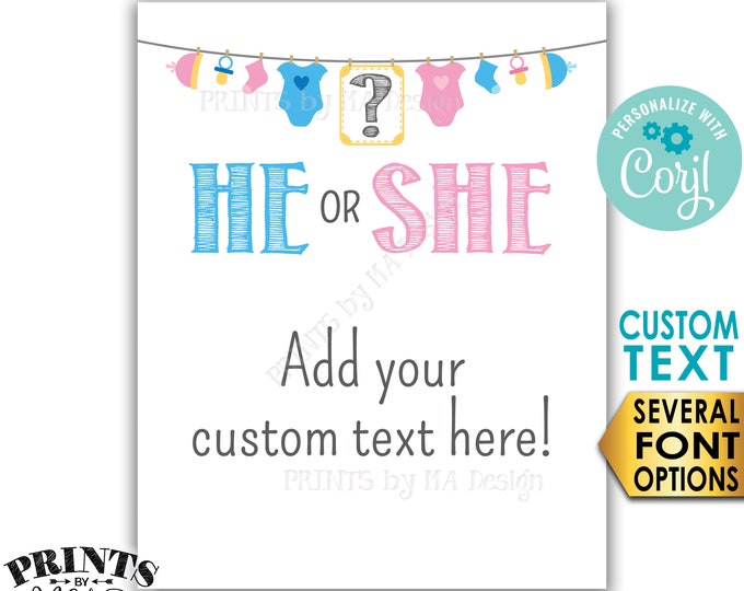 Custom Gender Reveal Party Decoration, He or She, Baby Clothesline, PRINTABLE 8x10/16x20” Sign <Edit Yourself with Corjl>