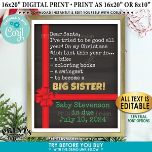 Anuncio de embarazo de Navidad, querido Papá Noel, desea convertirse en una promoción de hermana mayor, letrero de Navidad IMPRIMIBLE personalizado <Edite usted mismo con Corjl>