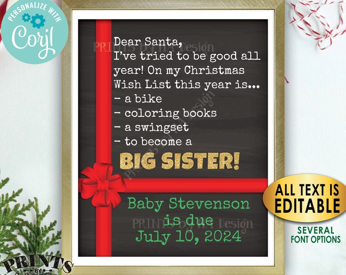 Christmas Pregnancy Announcement, Dear Santa, Wish to Become a Big Sister Promotion, Custom PRINTABLE Xmas Sign <Edit Yourself with Corjl>