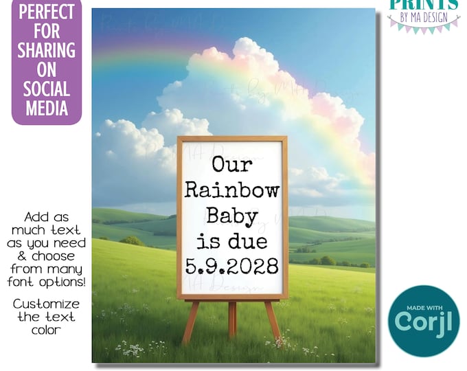 Editable Rainbow Pregnancy Announcement, Rainbow Baby Reveal, Personalize, Custom 8x10" Digital File <Edit Yourself w/Corjl>