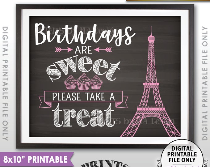 Birthdays are Sweet Please Take a Treat, Paris Theme Eiffel Tower Cupcakes, Paris Birthday Chalkboard Style PRINTABLE 8x10” Sign <ID>