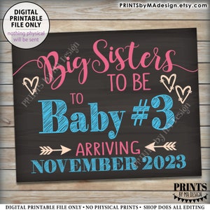 Baby 3 Pregnancy Announcement, Big Sisters to 3rd Baby Number 3 Photo Prop Third, Custom Colors PRINTABLE 8x10/16x20 Chalkboard Style Sign image 4