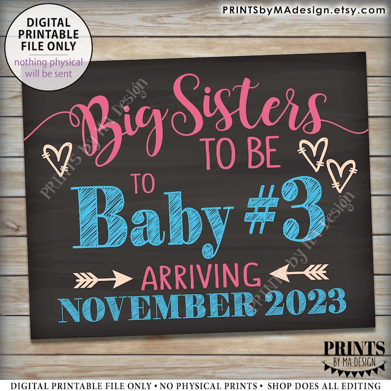 Baby 3 Pregnancy Announcement, Big Sisters to 3rd Baby Number 3 Photo Prop Third, Custom Colors PRINTABLE 8x10/16x20 Chalkboard Style Sign image 4