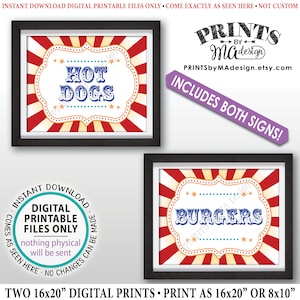 Hot Dogs & Burgers Carnival Food Signs, Food Carnival Theme Party, Hot Dog, Burger, Circus Theme Party, Two PRINTABLE 8x10/16x20” Signs &lt;ID&gt;