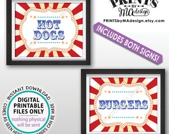 Hot Dogs & Burgers Carnival Food Signs, Food Carnival Theme Party, Hot Dog, Burger, Circus Theme Party, Two PRINTABLE 8x10/16x20” Signs <ID>