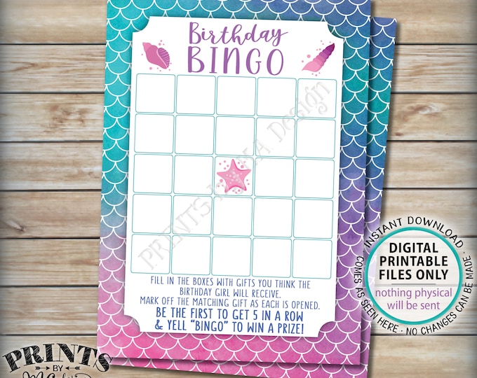 Birthday Bingo, Mermaid Bingo Game, Girl's Birthday Party Game, Digital PRINTABLE 5x7” Watercolor Style Card <ID>