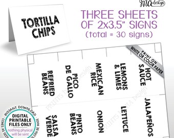 Taco Bar Labels, Taco Bar Menu Fiesta Mini Menu Taco Labels, Food Labels, Nacho Bar Buffet, 30 2"x3.5" Labels, PRINTABLE 8.5x11” Sheet <ID>