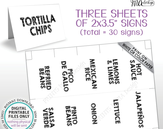 Taco Bar Labels, Taco Bar Menu Fiesta Mini Menu Taco Labels, Food Labels, Nacho Bar Buffet, 30 2"x3.5" Labels, PRINTABLE 8.5x11” Sheet <ID>