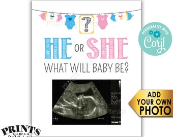 Ultrasound Gender Reveal Sign, He or She What Will Baby Be? Gender Reveal Decorations, PRINTABLE 8x10” Sign <Edit Yourself with Corjl>