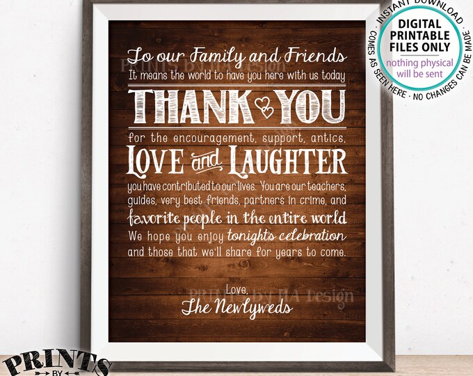 Wedding Thank You Sign, Thanks to Family & Friends Sign, Newlyweds, Wedding Welcome Sign, PRINTABLE 8x10/16x20” Rustic Wood Style Sign <ID>