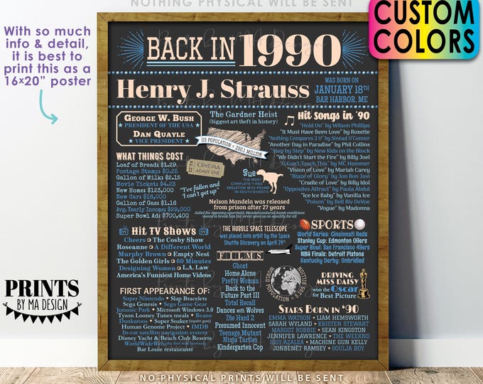 Back in 1990 Birthday Sign, Flashback to 1990 Poster Board, 1990 Birthday Gift, Custom PRINTABLE 16x20” B-day Decoration