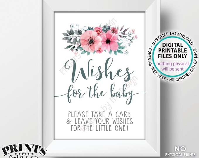 Wishes for the Baby Sign, Leave Wishes for the Little One, Pink Teal/Turquoise Gray Flowers, PRINTABLE 5x7" Floral Baby Shower Sign <ID>