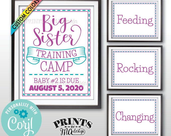 Big Sister Training Camp Pregnancy Announcement, Baby #2, Set of Four PRINTABLE 8x10/16x20” Signs <Edit Yourself with Corjl>