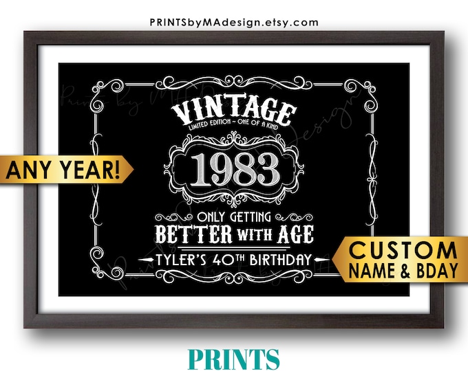 Vintage Birthday Sign, Better with Age Liquor Themed Birthday Party Decor, Custom Black & White PRINTABLE 24x36” File