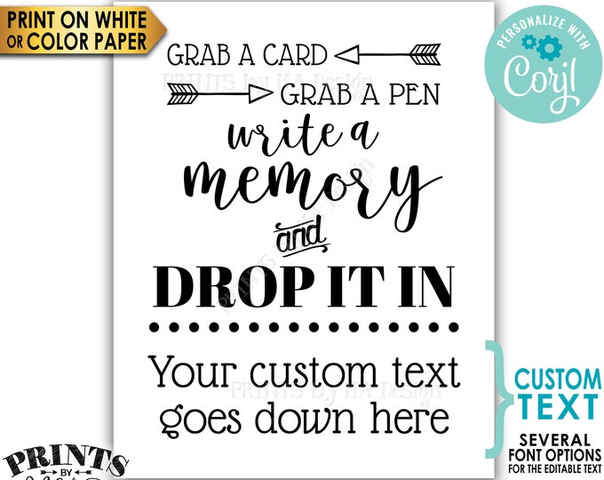 Custom Memory Sign, Grab a Card Grab a Pen Write a Memory and Drop it In, B&W PRINTABLE 8x10/16x20” Sign <Edit Yourself with Corjl>
