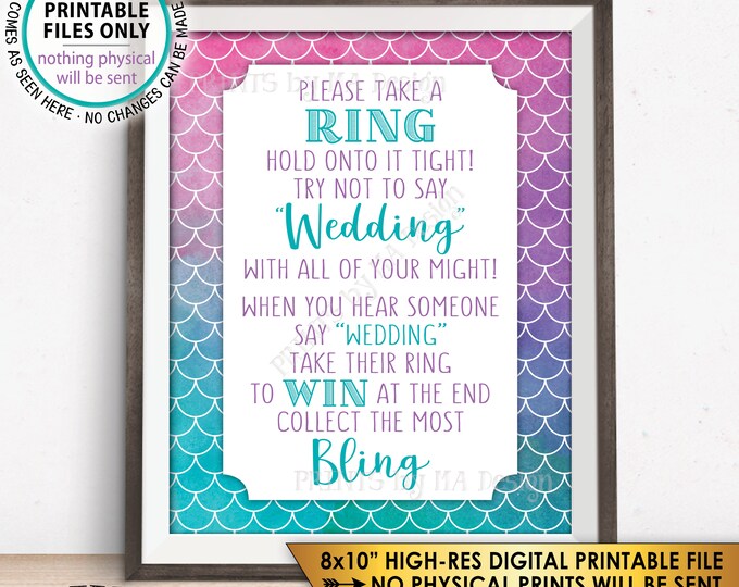 Mermaid Bridal Shower Sign, Take a Ring, Don't Say Wedding Bridal Shower Game Sign, Bridal Bling, PRINTABLE 8x10” Watercolor Style Sign <ID>