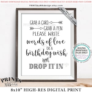 Schreiben Sie eine Erinnerung, greifen Sie eine Karte Schnappen Sie sich einen Stift Schreiben Sie Worte der Liebe oder Geburtstagswunsch Drop it In, Birthday Party, PRINTABLE 20x10 ”Geburtstagsschild <ID>