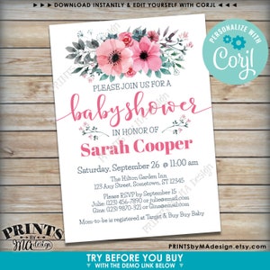 May include: Pink and blue floral baby shower invitation with the text "Please join us for a baby shower in honor of Sarah Cooper" and details for the event. The invitation also includes the text "Personalize with Corjl" and "Try before you buy with the demo link below".