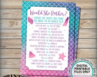 Mermaid Would She Rather Bridal Shower Game What Would the Bride Do Bachelorette Party Wedding, Watercolor Style Digital PRINTABLE 5x7” <ID>