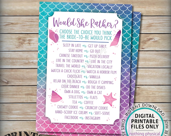 Mermaid Would She Rather Bridal Shower Game What Would the Bride Do Bachelorette Party Wedding, Watercolor Style Digital PRINTABLE 5x7” <ID>