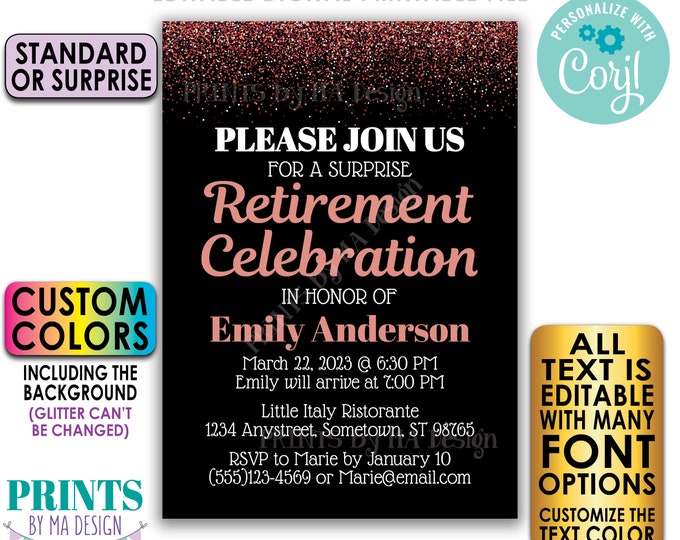 Editable Retirement Celebration Invite, Rose Gold Glitter, Custom PRINTABLE 5x7" Retirement Party Invitation <Edit Yourself with Corjl>