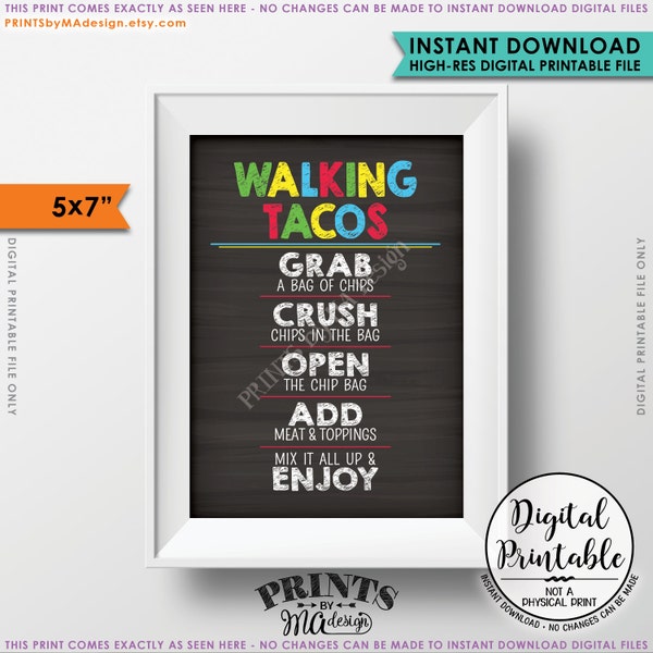 Cartello Walking Tacos, Taco Bar, Festa Cinco de Mayo, Compleanno Sweet Sixteen, 5x7” Stile lavagna, Download digitale immediato