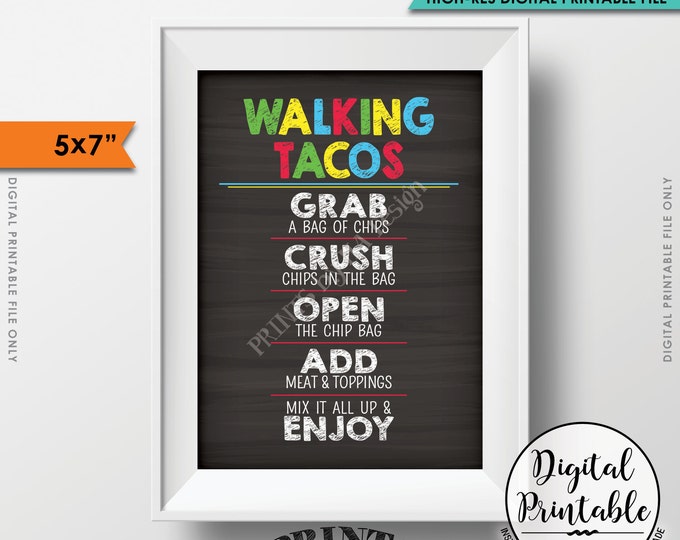 Walking Tacos Sign, Taco Bar, Fiesta Cinco de Mayo Sweet Sixteen Birthday, 5x7” Chalkboard Style Instant Download Digital Printable