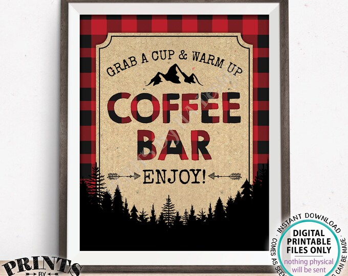 Coffee Bar Sign, Grab a Cup and Warm Up, PRINTABLE 8x10" Coffee Sign, Lumberjack Style Red Checker Buffalo Plaid <ID>