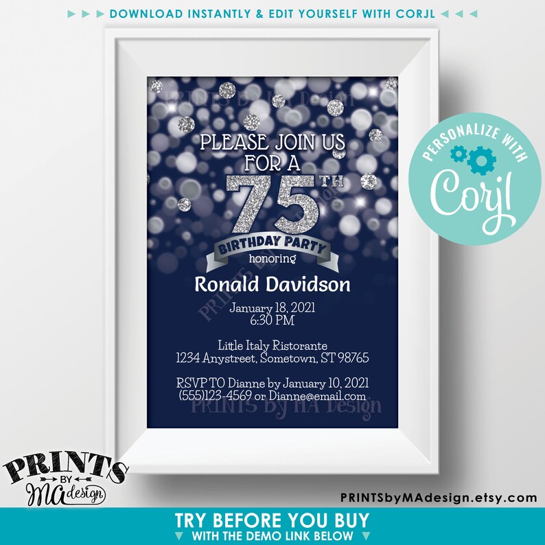 Navy Blue and Silver Glitter Birthday Party Invitation, Any Birthday, PRINTABLE 5x7" Bday Invite Card <Edit Yourself with Corjl> image 2