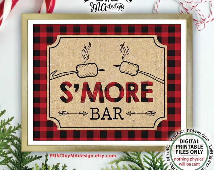 S'more Bar Sign, Lumberjack S'mores Bar, Smore Station, Campfire, Red Checker Buffalo Plaid, Christmas, PRINTABLE 11x14” Smore Sign <ID>