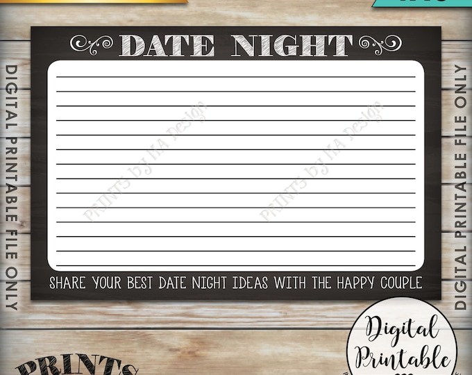 Date Night Ideas printable cards, Date Night Cards, Date Idea Cards, Bridal Shower Activity Chalkboard Style 4x6" Instant Download Printable