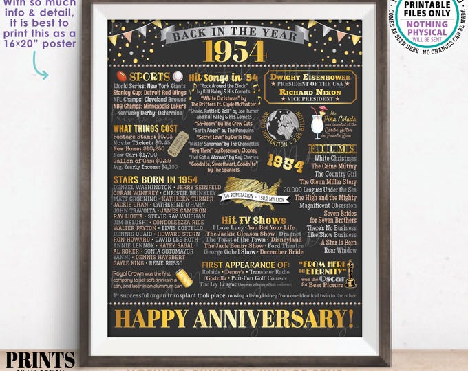 Back in 1954 Anniversary Poster Board, Married in 1954 Wedding Decoration, PRINTABLE 16x20” Sign, Flashback to 1954 Anniversary Gift <ID>