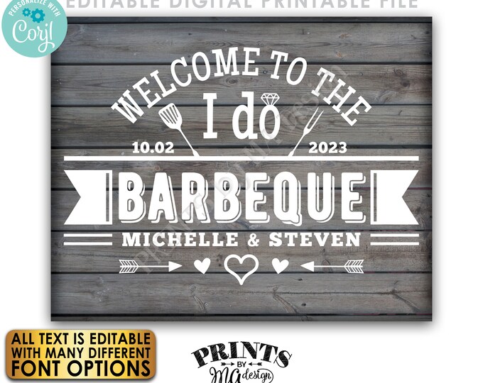 Editable Wedding BBQ Sign, Backyard Barbecue Welcome, PRINTABLE 8x10/16x20” Gray Rustic Wood Style Sign <Edit Yourself w/Corjl>