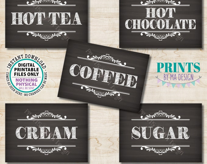 Coffee Bar Signs, Coffee Station Display, Hot Tea, Hot Chocolate, Cream, Sugar, 5 Chalkboard Style PRINTABLE 5x7” Hot Beverage Signs <ID>