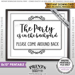 May include: Printable 8x10 inch sign with black text on a white background. The sign reads "The Party is in the backyard. Please come around back."