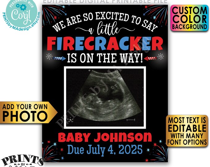 Editable 4th of July Ultrasound Pregnancy Announcement, A Little Firecracker is On The Way, Custom PRINTABLE Sign <Edit Yourself w/Corjl>