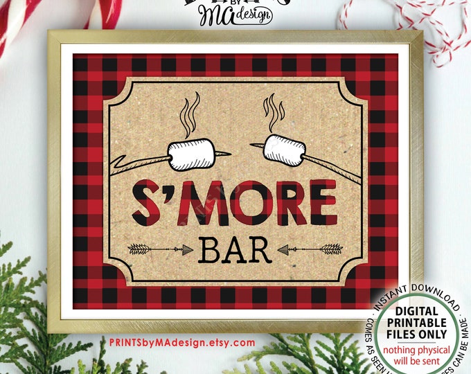 S'more Bar Sign, Lumberjack S'mores Bar Sign, Smore Station, Red Checker Buffalo Plaid, Christmas Campfire, PRINTABLE 11x14” Smore Sign <ID>