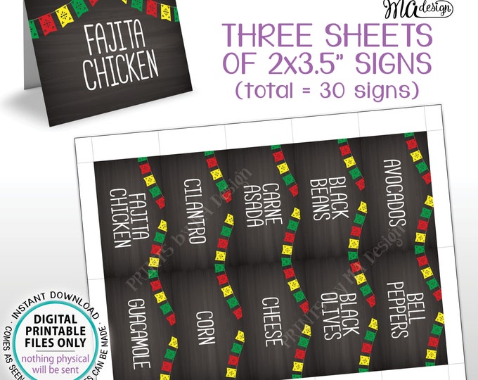 Taco Bar Labels with Flags, Fiesta Mini Menu Taco Menu Signs, PRINTABLE 8.5x11” Sheets of Thirty 2"x3.5" Chalkboard Style Labels <ID>
